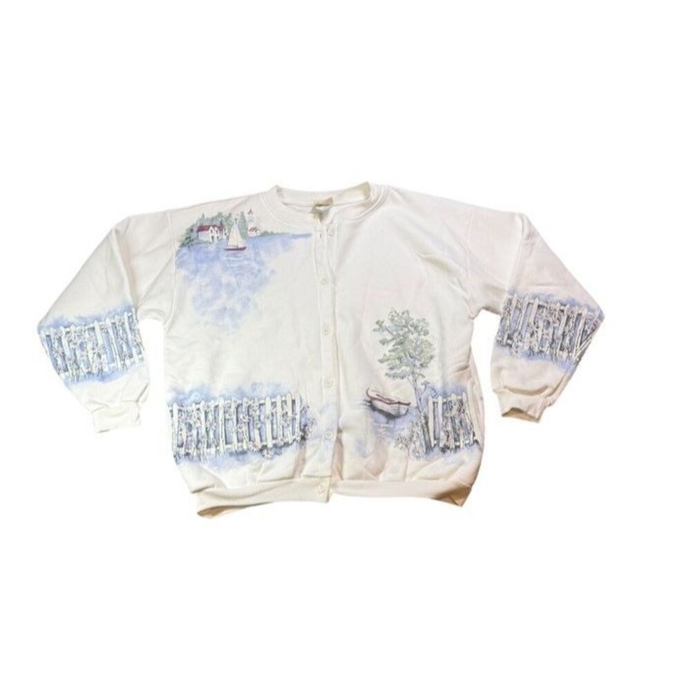 Artisans Maine Lighthouse Sweatshirt Women Size Large Cottage Button Up Cardigan